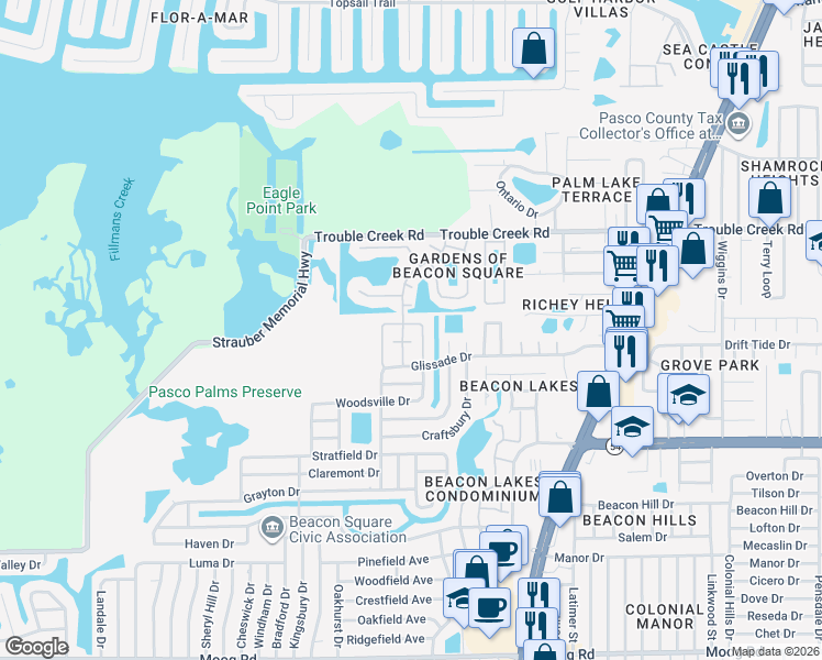 map of restaurants, bars, coffee shops, grocery stores, and more near 4240 Richmere Drive in New Port Richey