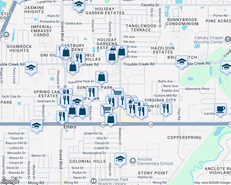 map of restaurants, bars, coffee shops, grocery stores, and more near 4239 Memphis Avenue in New Port Richey