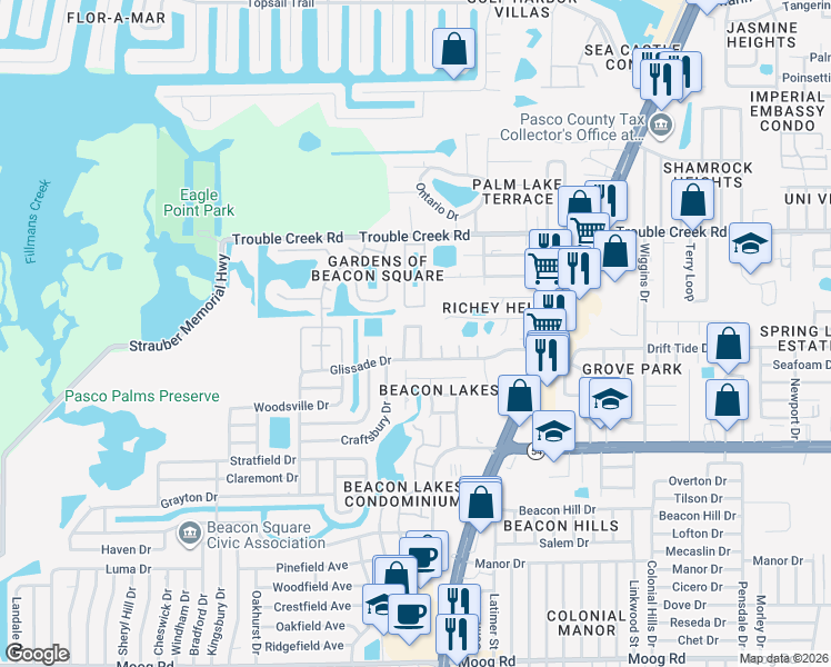 map of restaurants, bars, coffee shops, grocery stores, and more near 4240 Sheldon Place in New Port Richey
