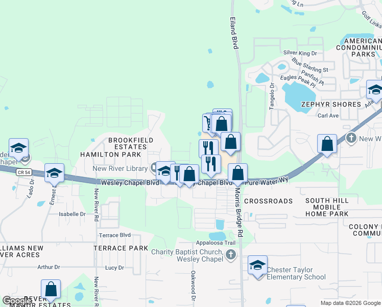 map of restaurants, bars, coffee shops, grocery stores, and more near 4301 Point Cypress Boulevard in Zephyrhills