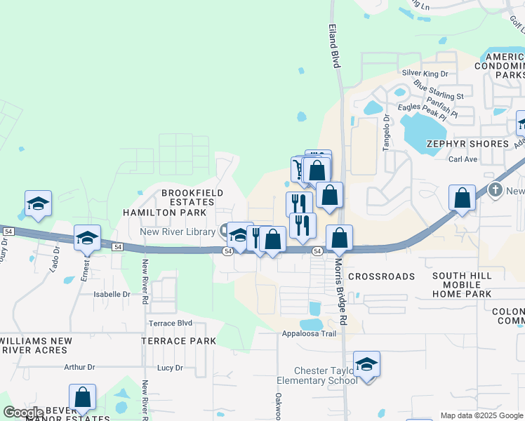 map of restaurants, bars, coffee shops, grocery stores, and more near 4301 Point Cypress Boulevard in Zephyrhills