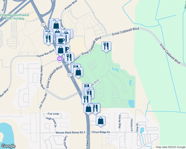 map of restaurants, bars, coffee shops, grocery stores, and more near 221 Arnold Palmer Drive in Davenport