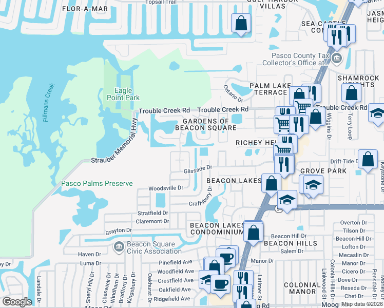 map of restaurants, bars, coffee shops, grocery stores, and more near 4234 Tamargo Drive in New Port Richey