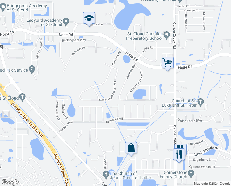 map of restaurants, bars, coffee shops, grocery stores, and more near 3926 Cedar Hammock Trail in St. Cloud