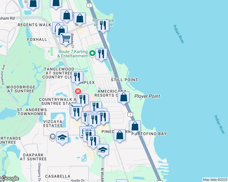map of restaurants, bars, coffee shops, grocery stores, and more near 76 New York Way in Rockledge