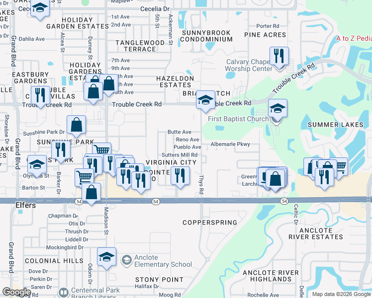 map of restaurants, bars, coffee shops, grocery stores, and more near 6412 Pueblo Avenue in New Port Richey