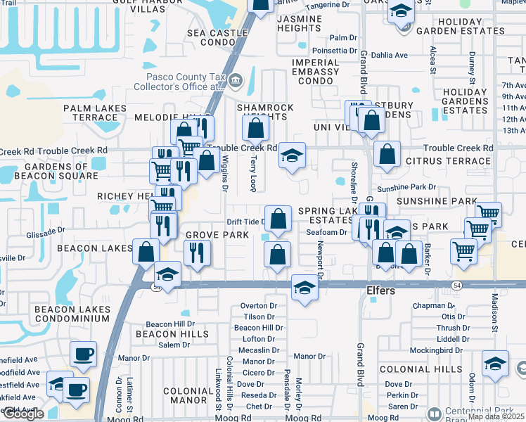 map of restaurants, bars, coffee shops, grocery stores, and more near 4236 Biloxi Drive in Port Richey