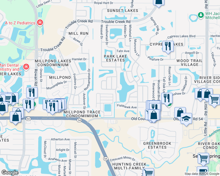 map of restaurants, bars, coffee shops, grocery stores, and more near 4235 Chipmunk Drive in New Port Richey