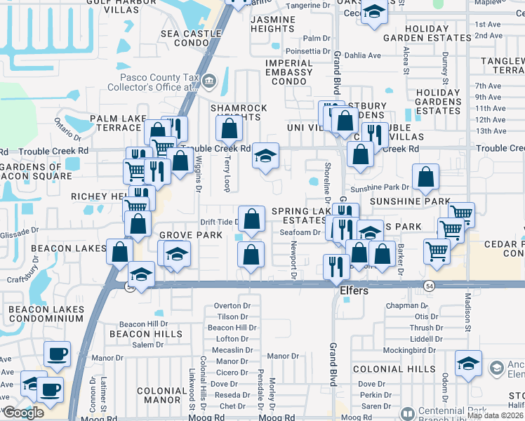 map of restaurants, bars, coffee shops, grocery stores, and more near 5229 Suwannee Drive in NEW PRT RCHY
