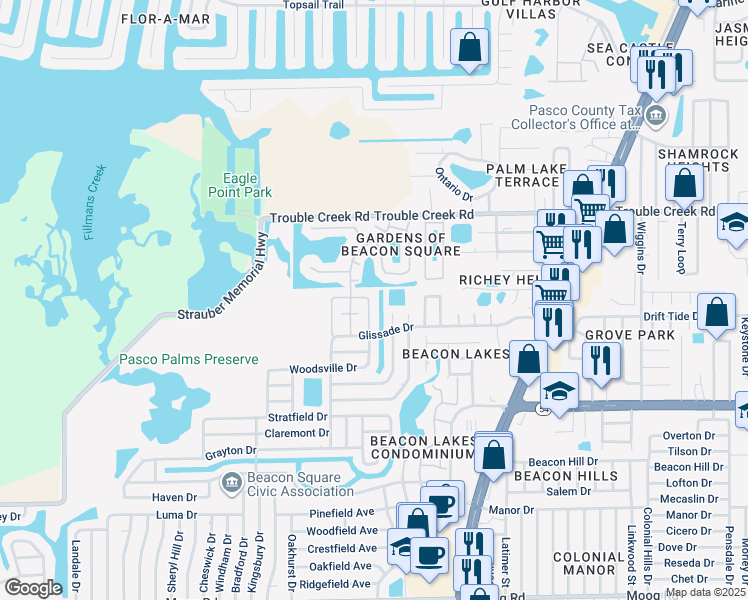 map of restaurants, bars, coffee shops, grocery stores, and more near 4234 Tamargo Drive in New Port Richey