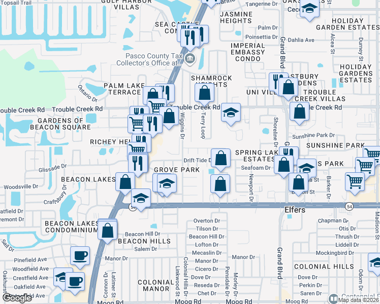 map of restaurants, bars, coffee shops, grocery stores, and more near 4236 Natchez Drive in Port Richey