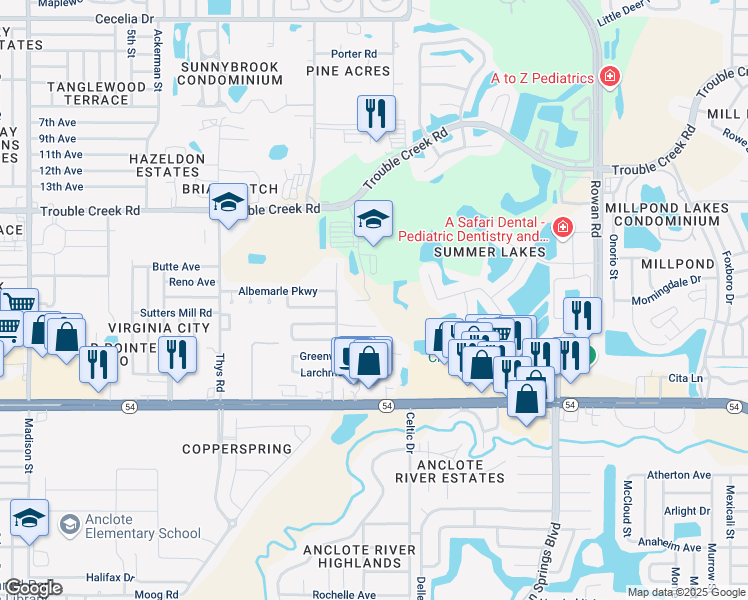 map of restaurants, bars, coffee shops, grocery stores, and more near 1104 North Ranchwood Court in New Port Richey