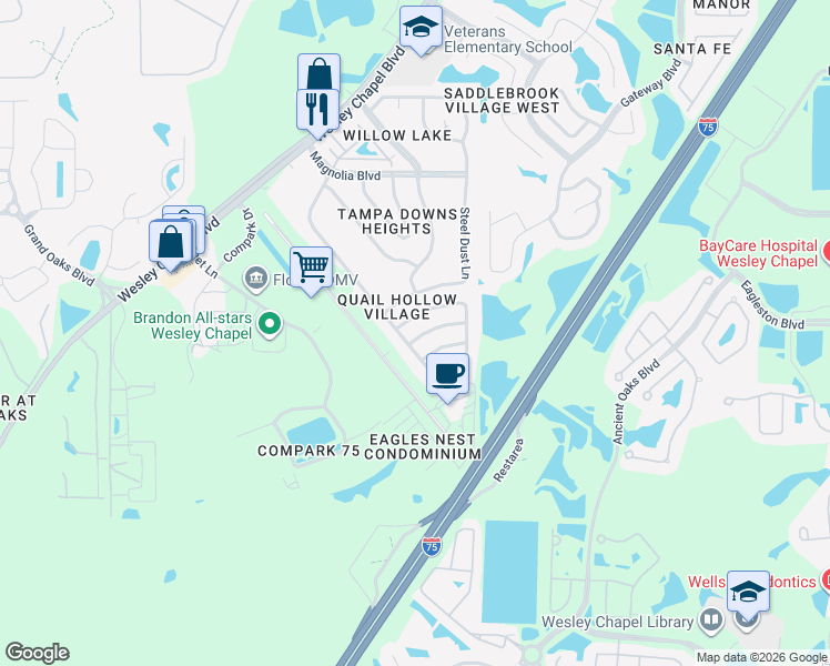 map of restaurants, bars, coffee shops, grocery stores, and more near 26827 Carla Place in Lutz