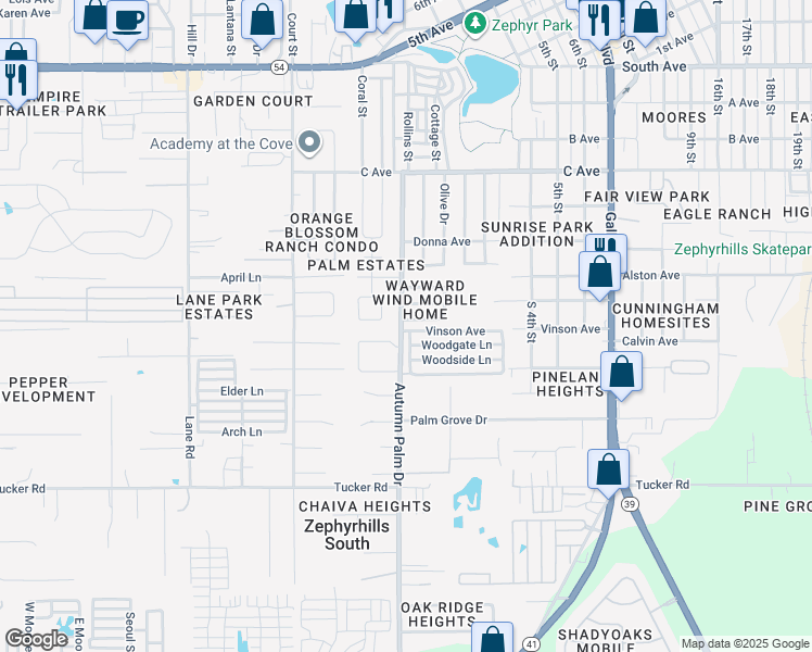 map of restaurants, bars, coffee shops, grocery stores, and more near 38004 Lawanda Loop in Zephyrhills