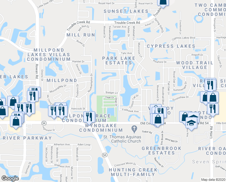 map of restaurants, bars, coffee shops, grocery stores, and more near 4235 Chipmunk Drive in New Port Richey