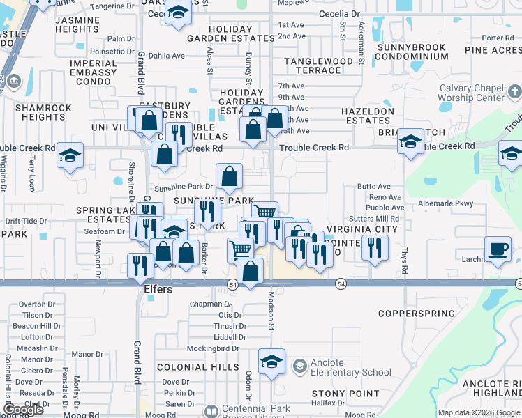 map of restaurants, bars, coffee shops, grocery stores, and more near 4239 Memphis Avenue in New Port Richey