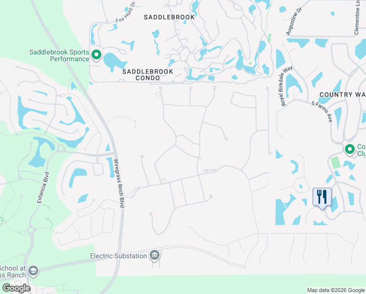 map of restaurants, bars, coffee shops, grocery stores, and more near 29485 Velletri Lane in Wesley Chapel