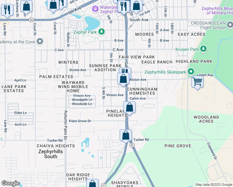 map of restaurants, bars, coffee shops, grocery stores, and more near 4350 5th Street in Zephyrhills