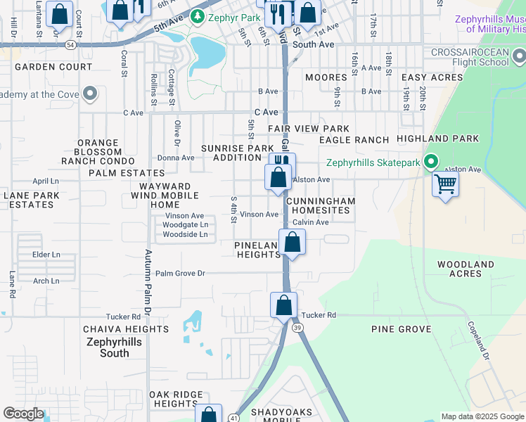 map of restaurants, bars, coffee shops, grocery stores, and more near 4345 6th Street in Zephyrhills