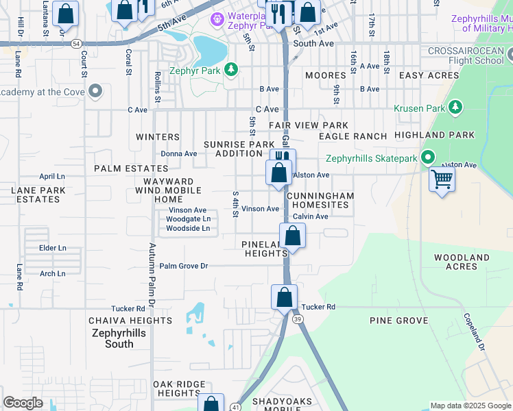 map of restaurants, bars, coffee shops, grocery stores, and more near 4350 5th Street in Zephyrhills