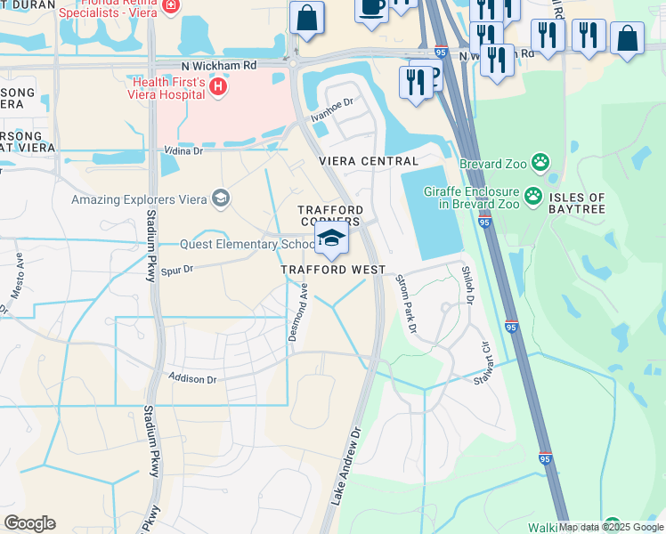 map of restaurants, bars, coffee shops, grocery stores, and more near 8751 Trafford Drive in Melbourne