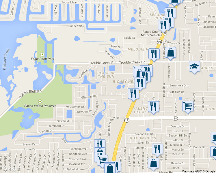 map of restaurants, bars, coffee shops, grocery stores, and more near 4244 Sheldon Place in New Port Richey