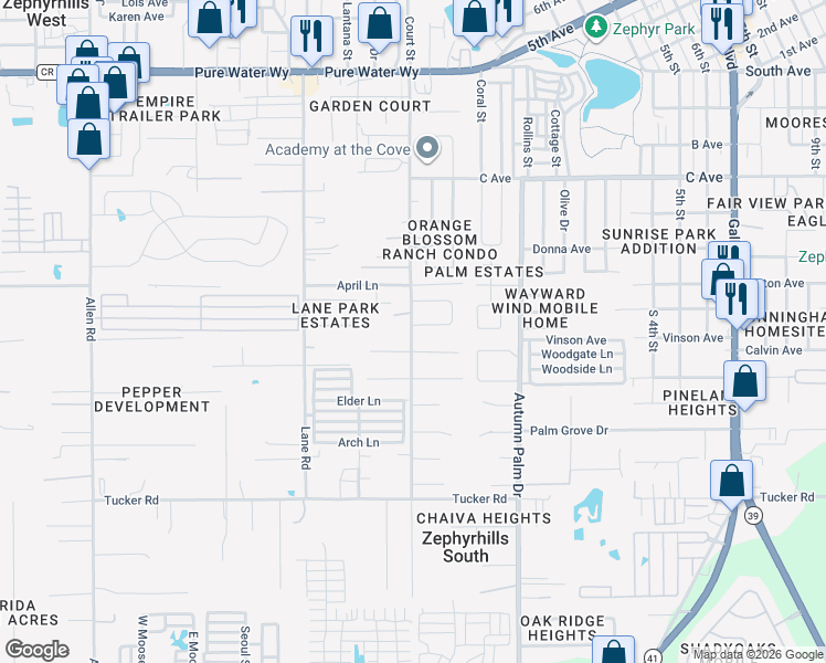 map of restaurants, bars, coffee shops, grocery stores, and more near 37728 Prairie Rose Loop in Zephyrhills