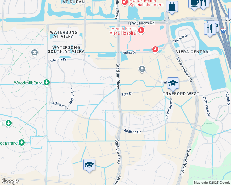 map of restaurants, bars, coffee shops, grocery stores, and more near 2614 Spur Drive in Melbourne