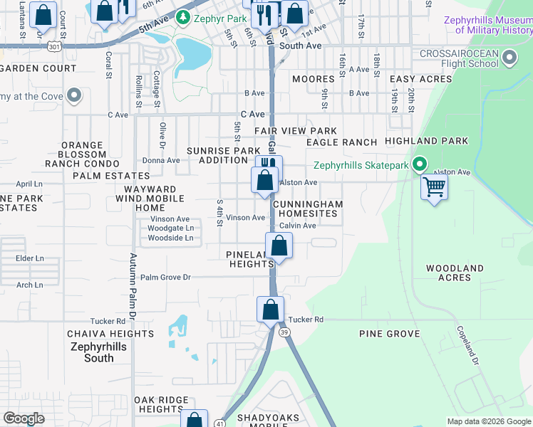 map of restaurants, bars, coffee shops, grocery stores, and more near 4351 Gall Boulevard in Zephyrhills