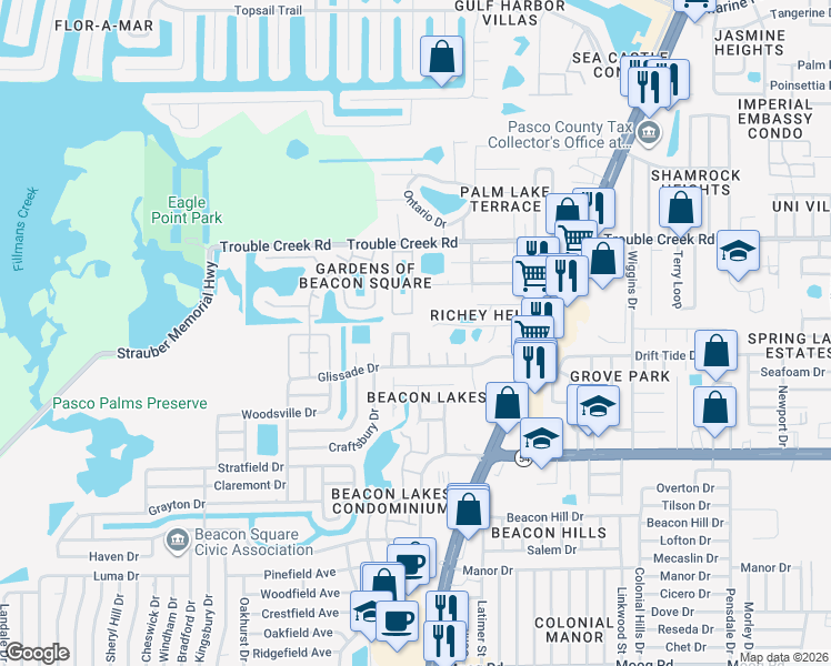 map of restaurants, bars, coffee shops, grocery stores, and more near 4240 Sheldon Place in New Port Richey