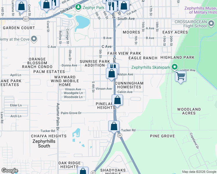 map of restaurants, bars, coffee shops, grocery stores, and more near 4351 Gall Boulevard in Zephyrhills
