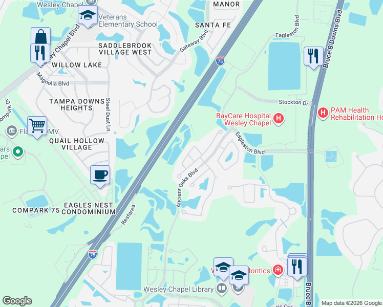 map of restaurants, bars, coffee shops, grocery stores, and more near 27387 Cayenne Lane in Wesley Chapel