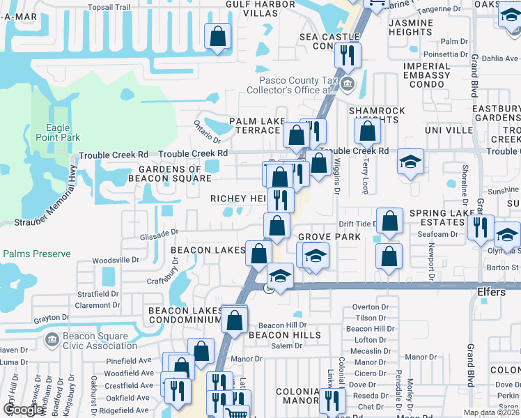 map of restaurants, bars, coffee shops, grocery stores, and more near 4651 Charlene Lane in Port Richey