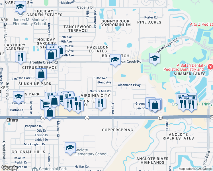map of restaurants, bars, coffee shops, grocery stores, and more near 6425 Pueblo Avenue in New Port Richey