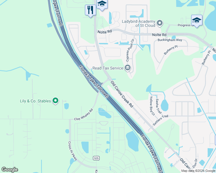 map of restaurants, bars, coffee shops, grocery stores, and more near 3300 Old Canoe Creek Road in St. Cloud