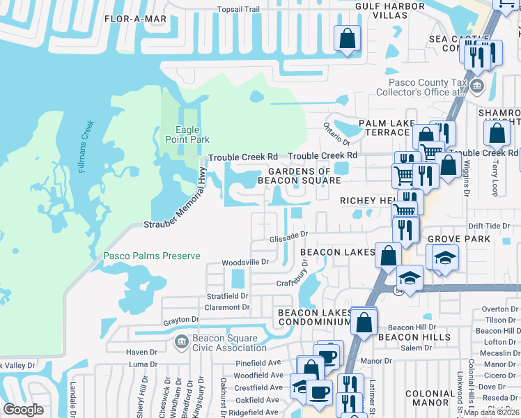 map of restaurants, bars, coffee shops, grocery stores, and more near 4240 Richmere Drive in New Port Richey