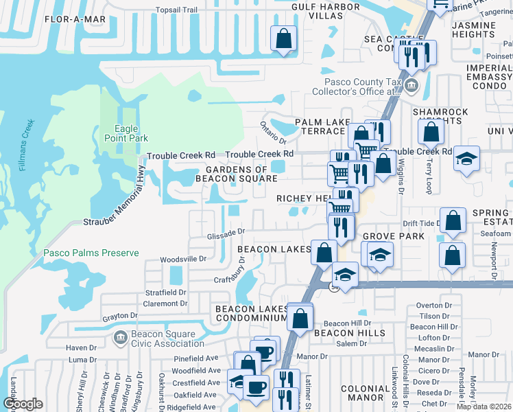 map of restaurants, bars, coffee shops, grocery stores, and more near 4229 Redcliff Place in Port Richey