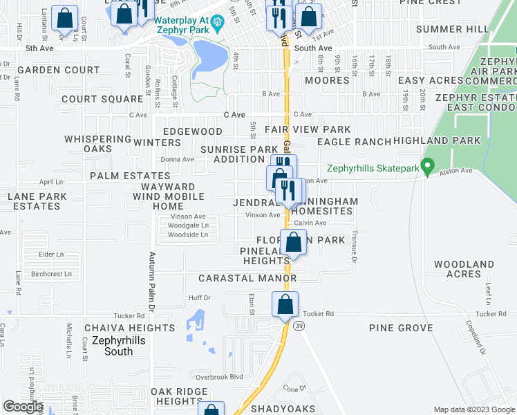 map of restaurants, bars, coffee shops, grocery stores, and more near 4404 5th Street in Zephyrhills