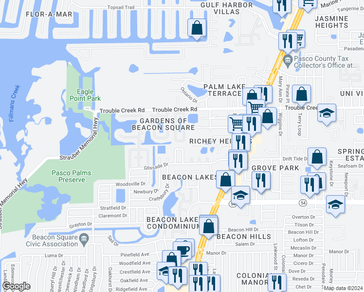 map of restaurants, bars, coffee shops, grocery stores, and more near 4241 Sheldon Place in New Port Richey