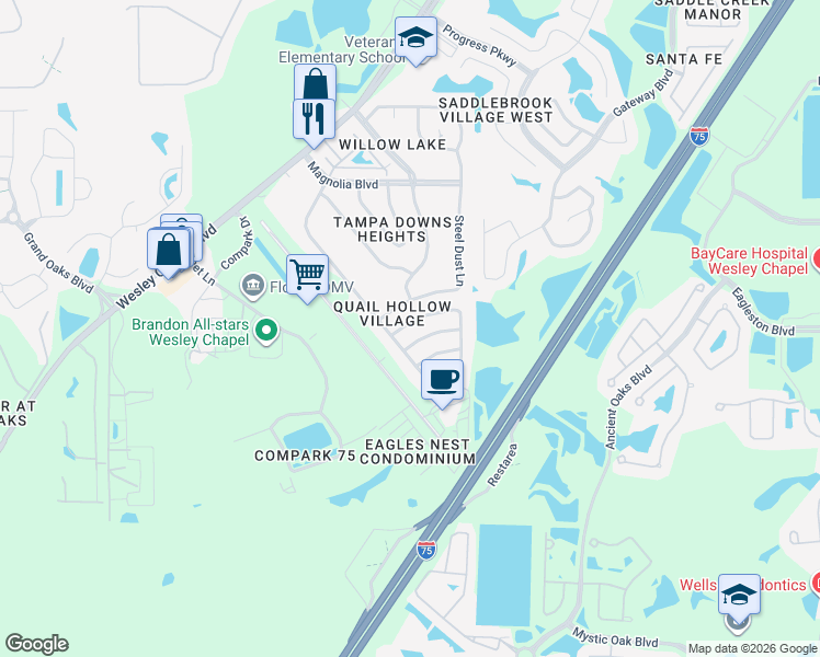 map of restaurants, bars, coffee shops, grocery stores, and more near 26827 Carla Place in Lutz