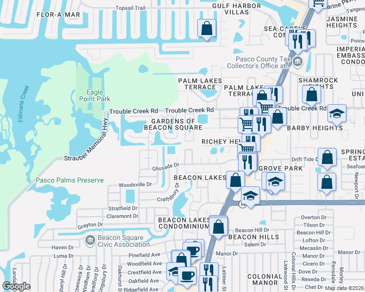 map of restaurants, bars, coffee shops, grocery stores, and more near 4229 Redcliff Place in Port Richey