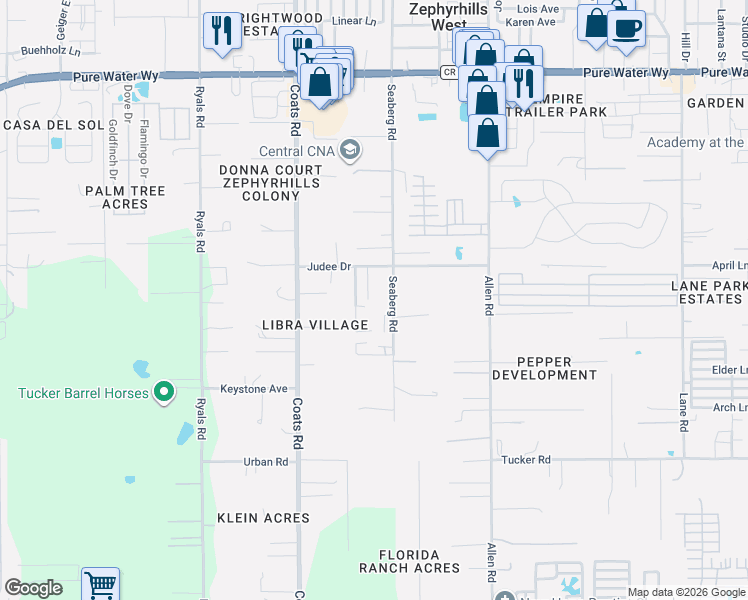 map of restaurants, bars, coffee shops, grocery stores, and more near 4404 Areca Palm Drive in Zephyrhills