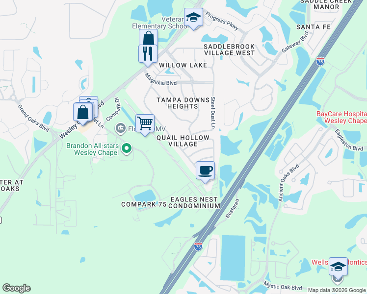 map of restaurants, bars, coffee shops, grocery stores, and more near 26827 Carla Place in Lutz