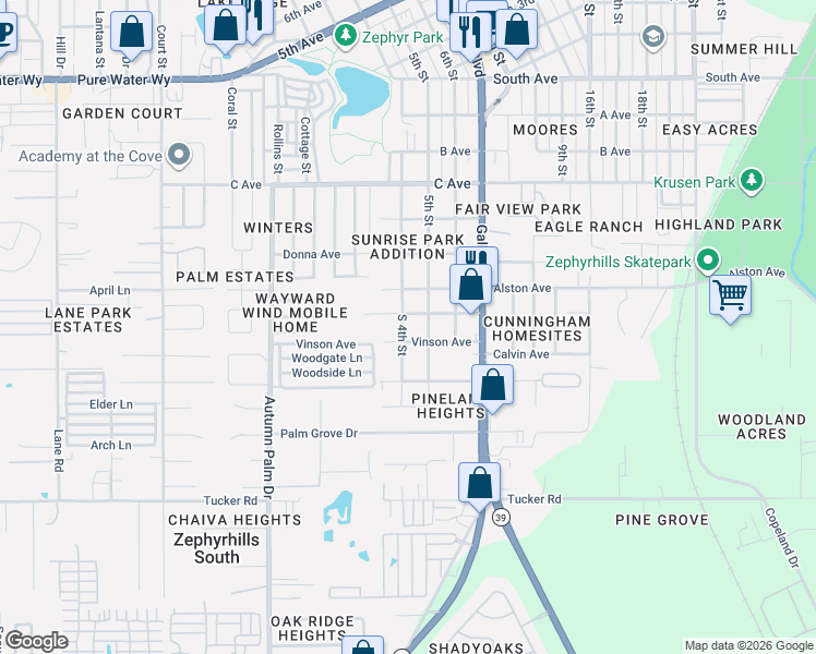 map of restaurants, bars, coffee shops, grocery stores, and more near 38249 Vinson Avenue in Zephyrhills