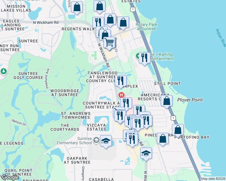 map of restaurants, bars, coffee shops, grocery stores, and more near 320 Oak Haven Drive in Melbourne