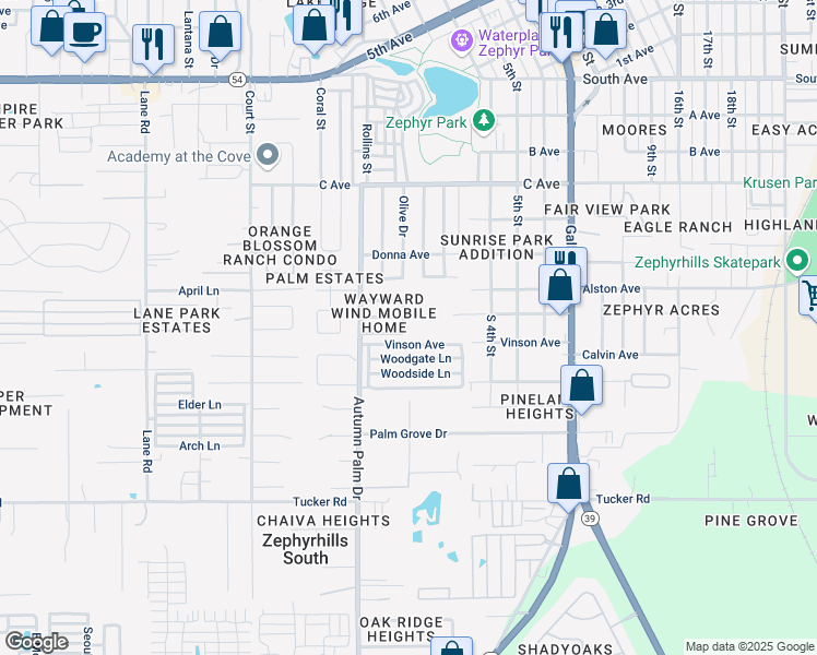 map of restaurants, bars, coffee shops, grocery stores, and more near 38024 Lawanda Loop in Zephyrhills