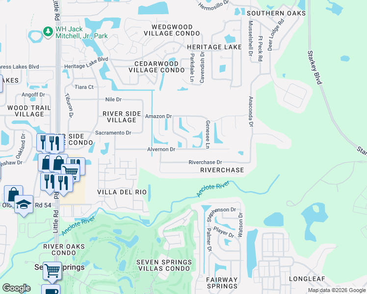 map of restaurants, bars, coffee shops, grocery stores, and more near 9639 Alvernon Drive in New Port Richey