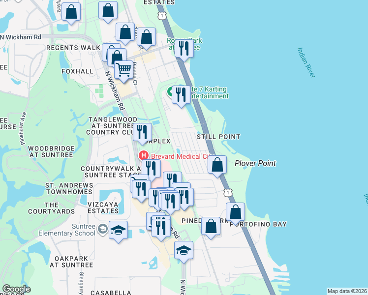 map of restaurants, bars, coffee shops, grocery stores, and more near 116 Chicago Way in Rockledge