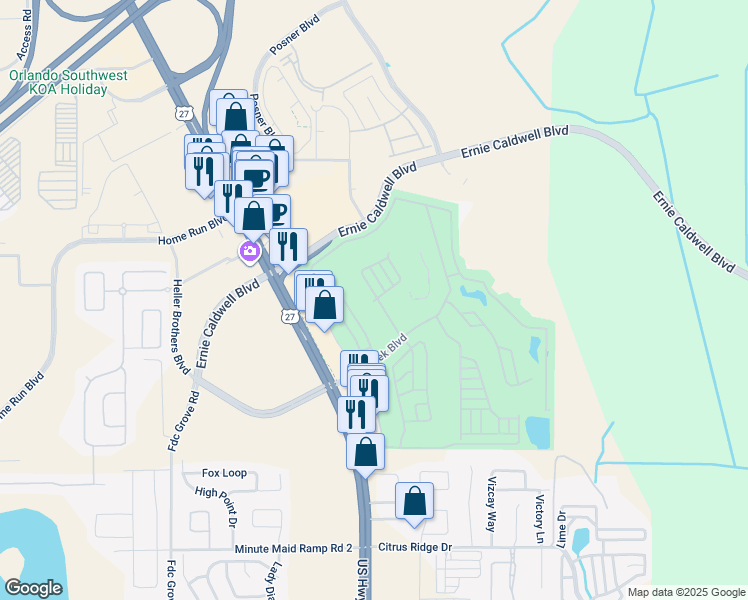 map of restaurants, bars, coffee shops, grocery stores, and more near 221 Arnold Palmer Drive in Davenport
