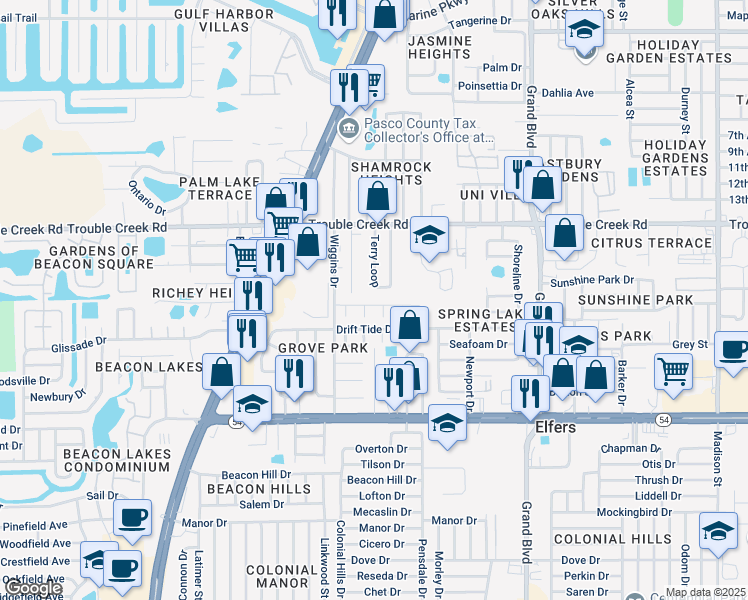 map of restaurants, bars, coffee shops, grocery stores, and more near 4236 Biloxi Drive in Port Richey